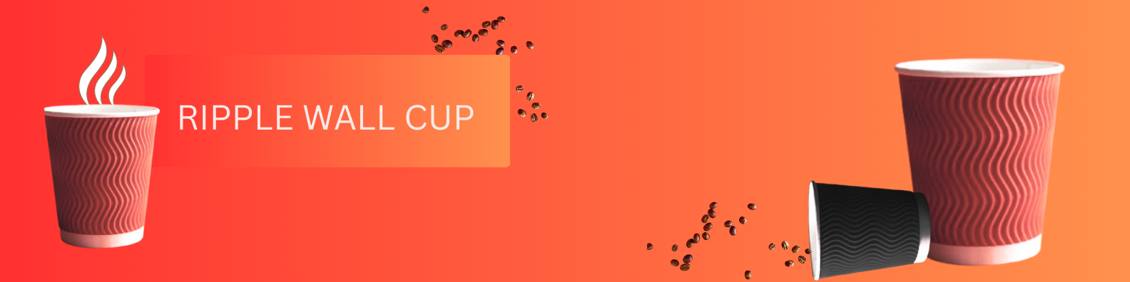 Red and black ripple wall paper cups surrounded by scattered coffee beans on a gradient orange background, with text “RIPPLE WALL CUP”.