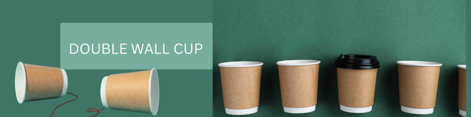 Brown double wall paper cups with white rims and a black lid, arranged in a row against a green background with text “DOUBLE WALL CUP”.